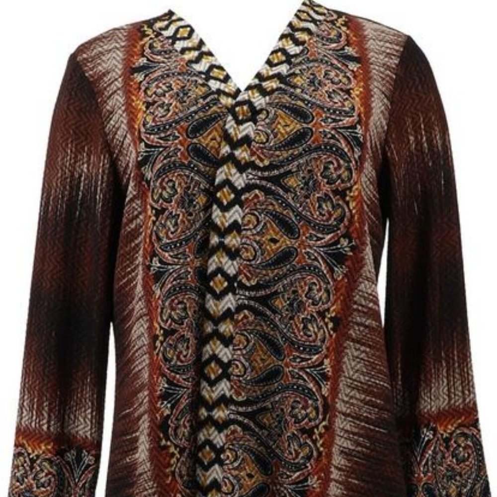NWT GRAVER SUSAN GRAVER PRINTED NOVELTY KNIT CARDIGAN SWEATER SPICE BROWN XXSP